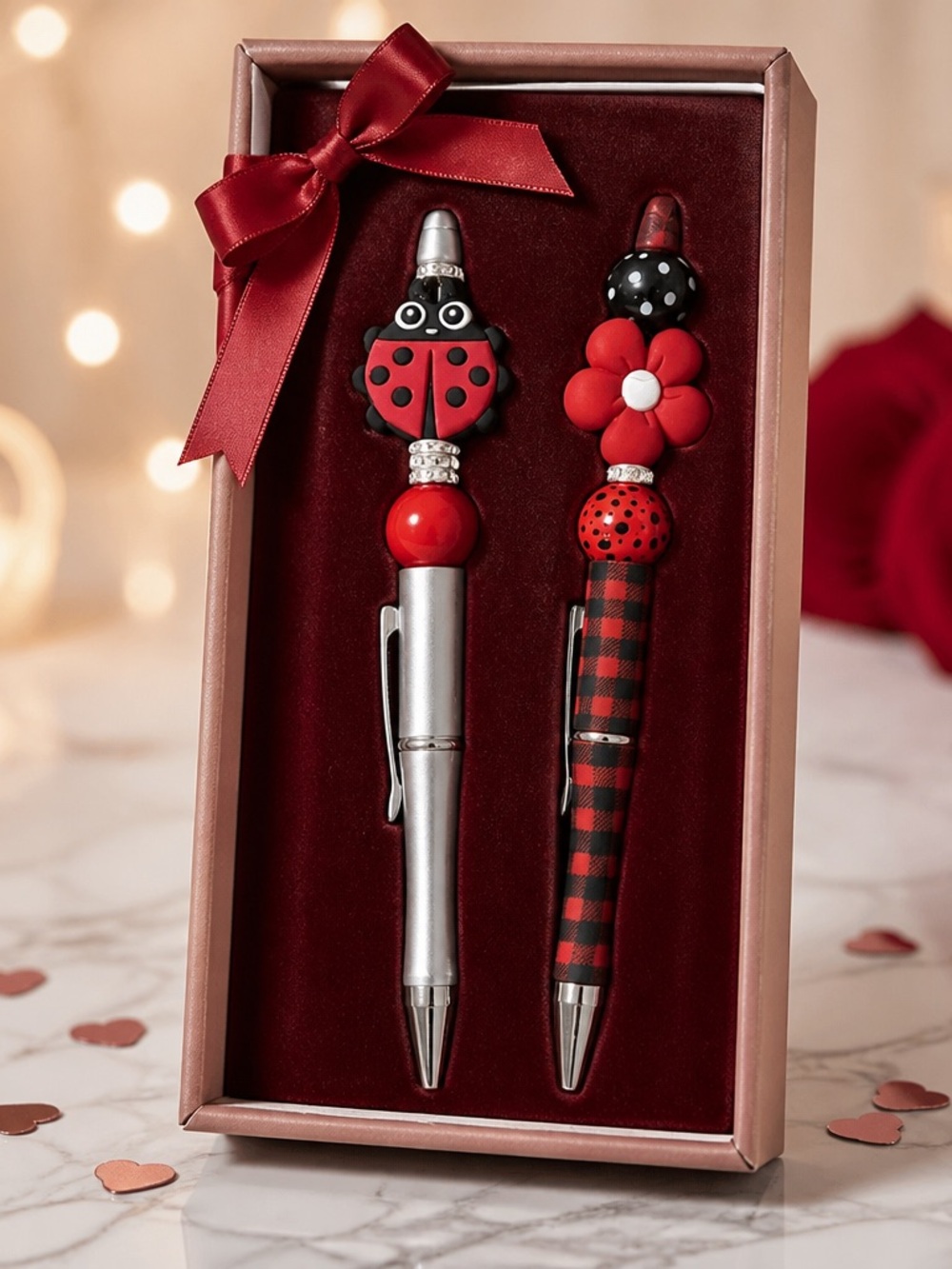 Adorable Set of 2 Beaded Ladybug Design Ballpoint Pens (Black Ink)